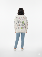 MNS WOMEN Doodle Graphic Sweatshirt Cream Multicolor Print