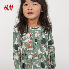 GREEN WINTER ANIMALS PRINTED JERSEY DRESS