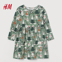 GREEN WINTER ANIMALS PRINTED JERSEY DRESS