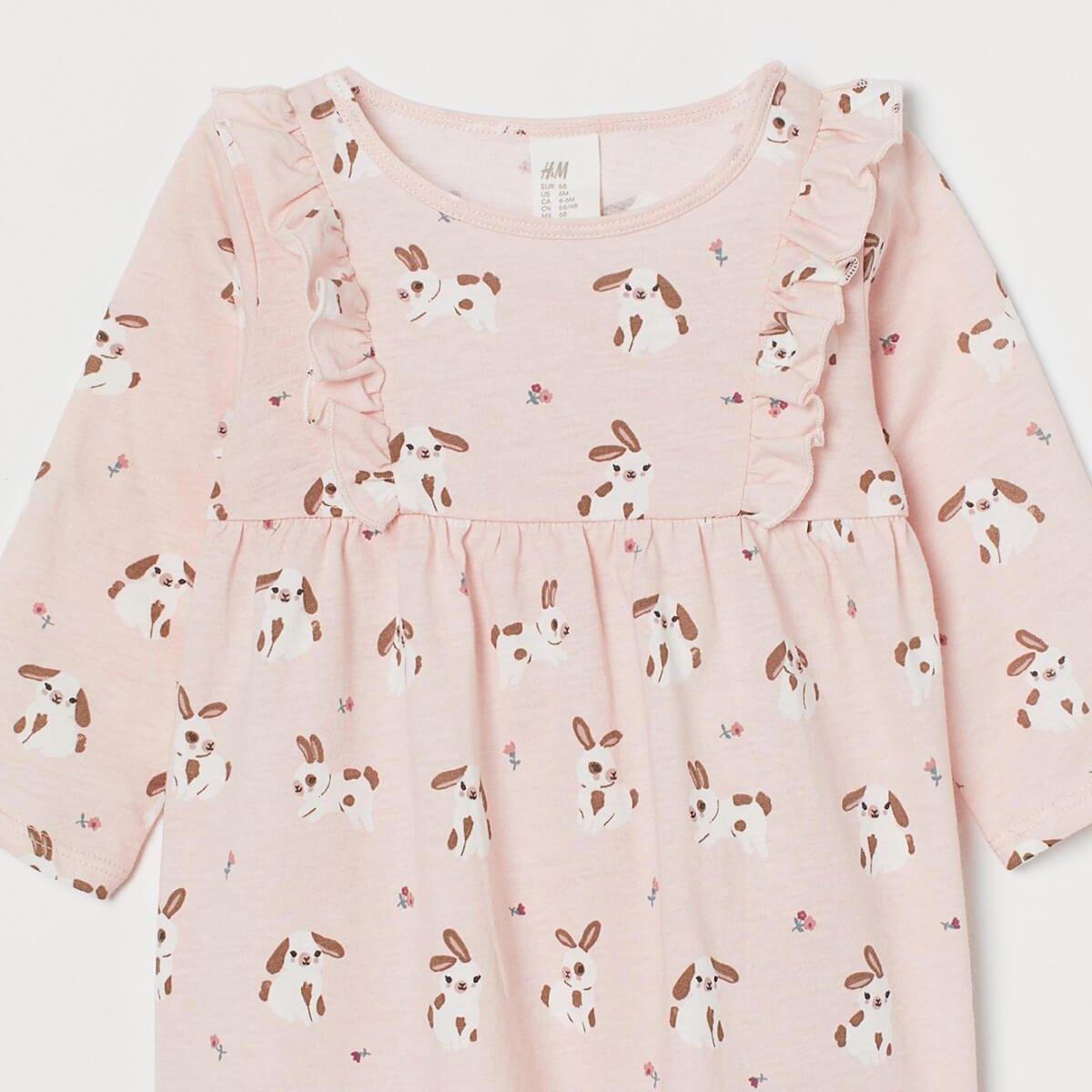 Light Pink Rabbits Frill Trimmed Jersey Dress