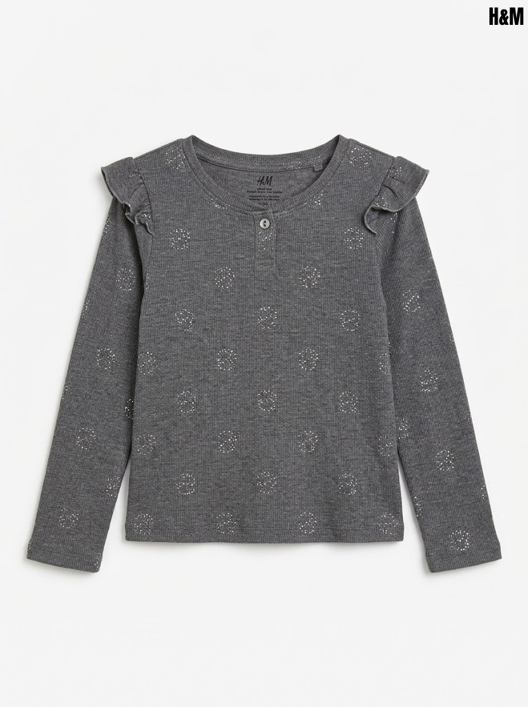 H&M Girls Charcoal Grey Long-Sleeve Ruffle-Shoulder Sparkly Flower Print T-Shirt| SM GARMENTS