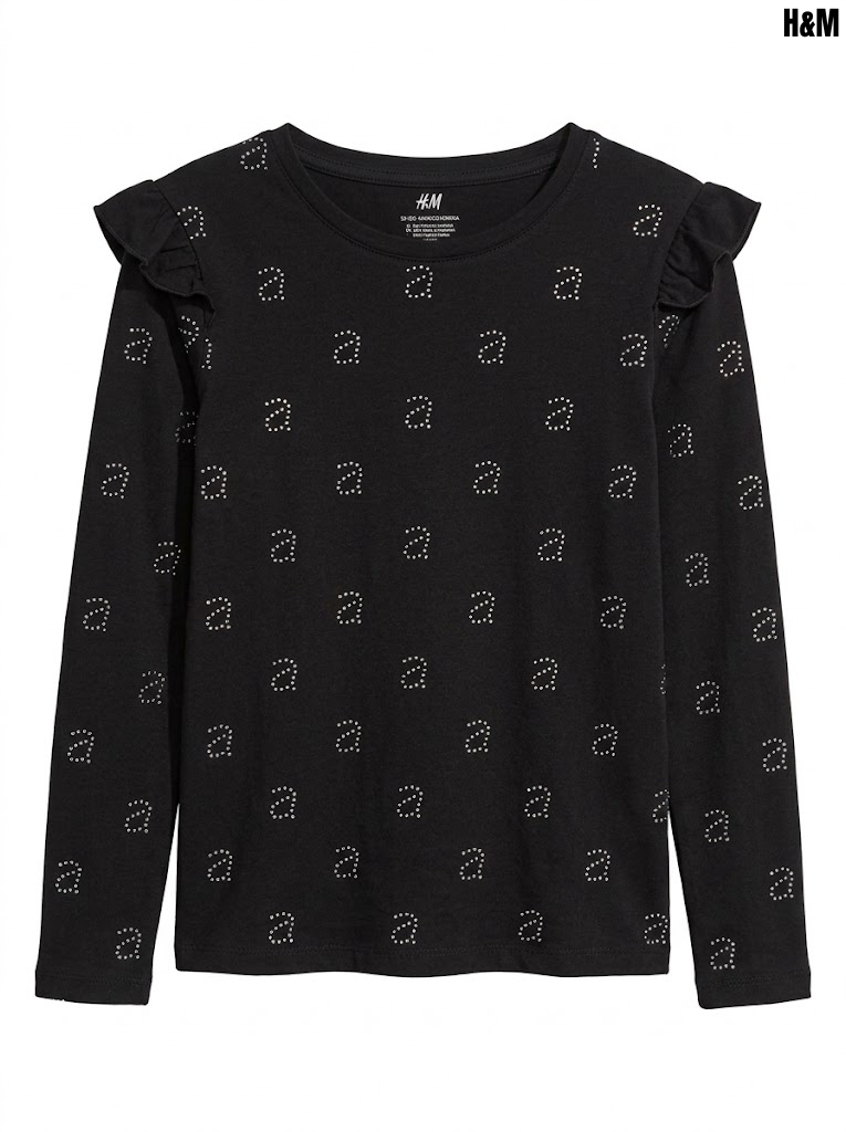 H&M Girls Black Long-Sleeve Ruffle-Shoulder All-Over Letter Print T-Shirt| SM GARMENTS