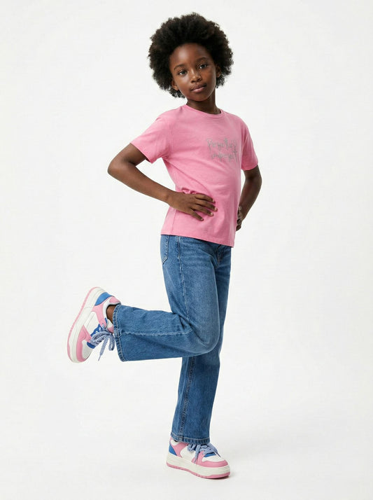 LC WAIKIKI Girls Pink Textured Embroided Text Tee