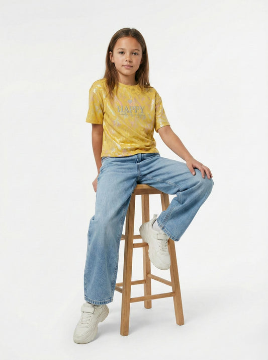 M&S Trendy Girls' Mustard Top "HAPPY" Tee with Shimmer & Patterned Texture