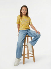 M&S Trendy Girls' Mustard Top "HAPPY" Tee with Shimmer & Patterned Texture