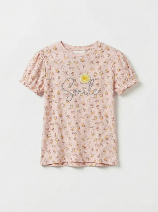 LC WAIKIKI Girls Floral Printed Embroided Text Tee