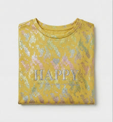 M&S Trendy Girls' Mustard Top "HAPPY" Tee with Shimmer & Patterned Texture
