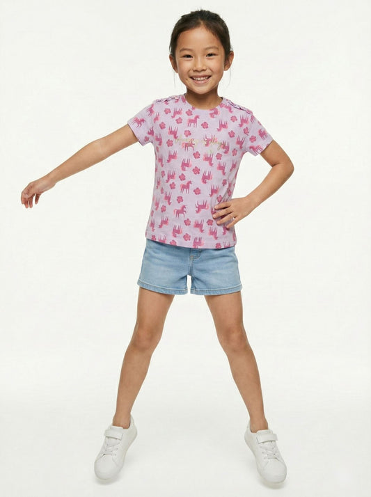 LC WAIKIKI Girls Embroided Text and Unicorn Printed Tee