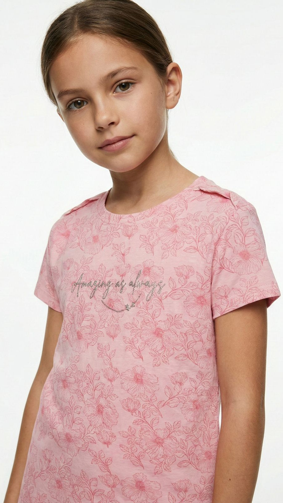 LC WAIKIKI Girls Floral Embroided Text Tee