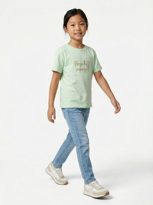 LC WAIKIKI Girls Pistachio Green Textured Embroided Text Tee