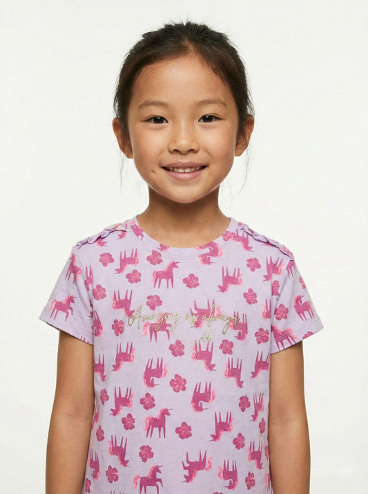LC WAIKIKI Girls Embroided Text and Unicorn Printed Tee