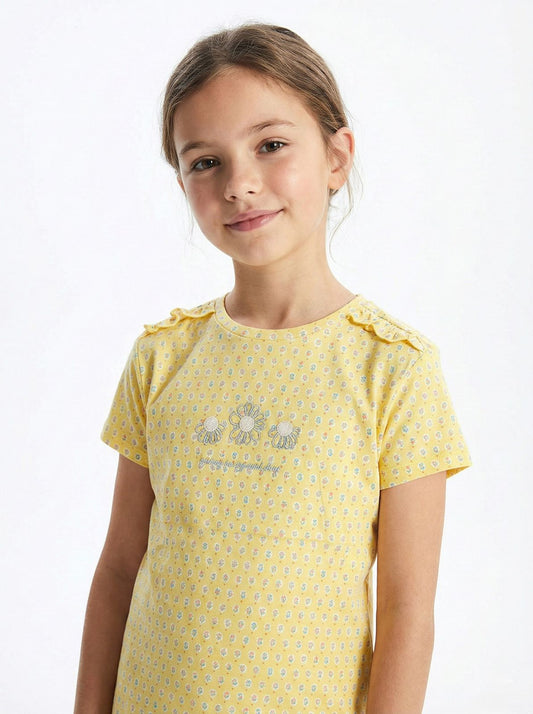 LC WAIKIKI Girls Embroided Flowers and FLoral Printed Tee