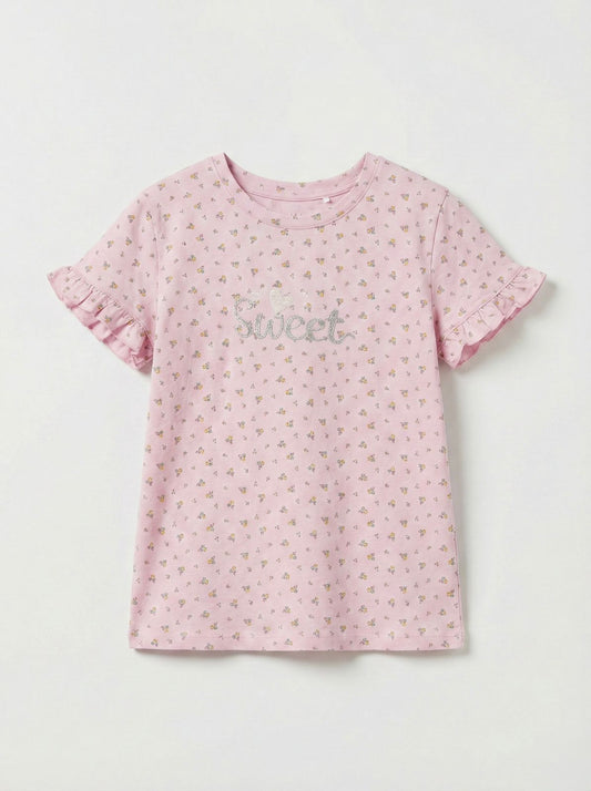 LC WAIKIKI Girls Floral Printed Embroided text Tee