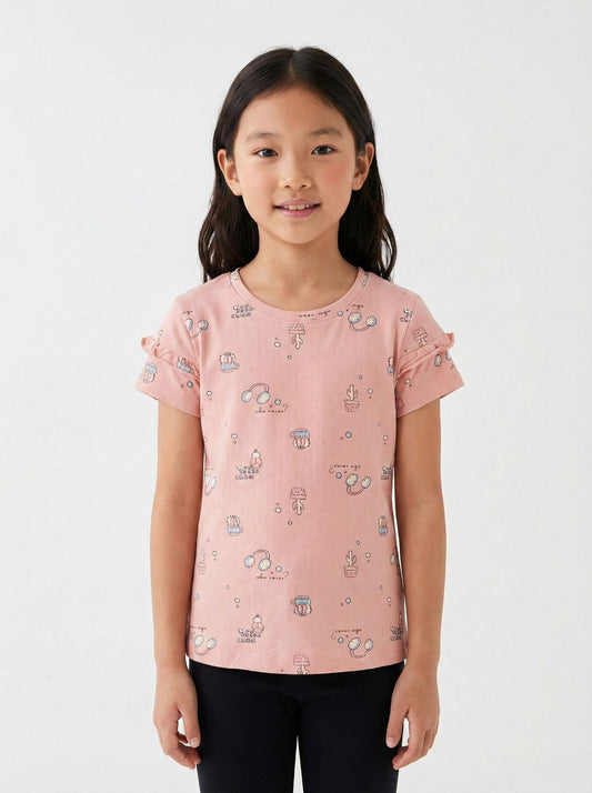 LC WAIKIKI Girls Pink Playfull Printed Textured Tee