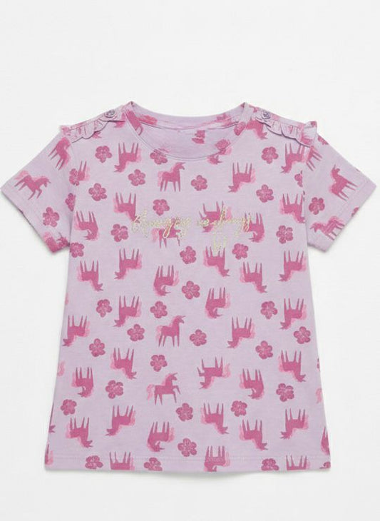 LC WAIKIKI Girls Embroided Text and Unicorn Printed Tee