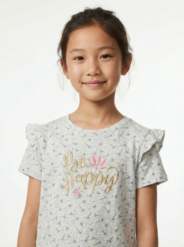 NAME IT Girls Floral Embroided Text Printed Tee