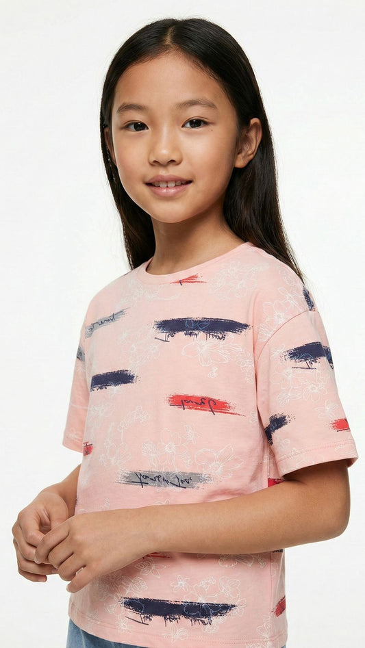 LC WAIKIKI Girls Floral Printed Baby Pink Tee