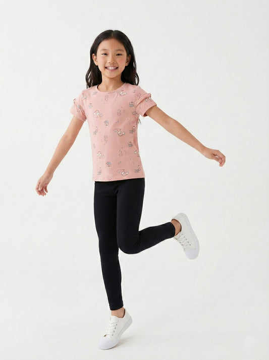 LC WAIKIKI Girls Pink Playfull Printed Textured Tee