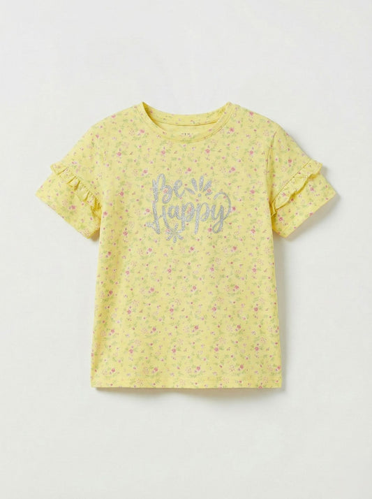 LC WAIKIKI Girls Floral Embroided Text Tee