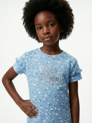 LC WAIKIKI Girls Floral Embroided Text Tee