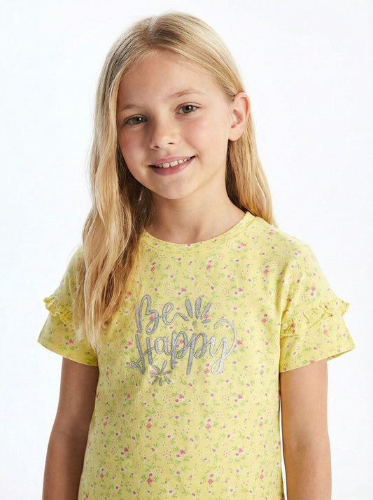 LC WAIKIKI Girls Floral Embroided Text Tee