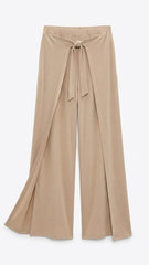 OYSHO Womens Tie Waist Layered Wide Leg Trouser