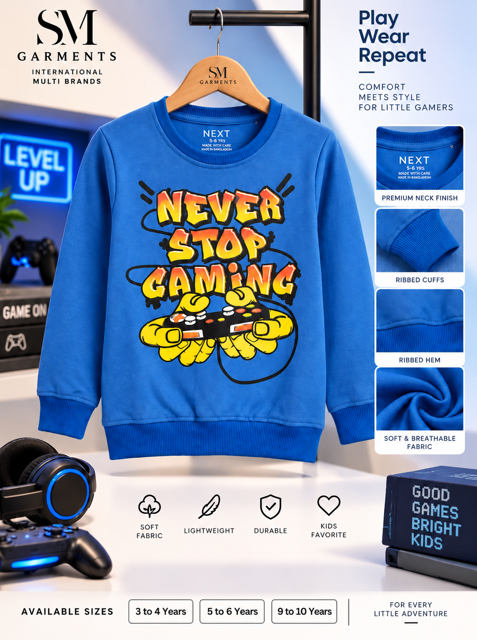 Boys' Blue "Never Stop Gaming" Long-Sleeve Sweatshirt – Next