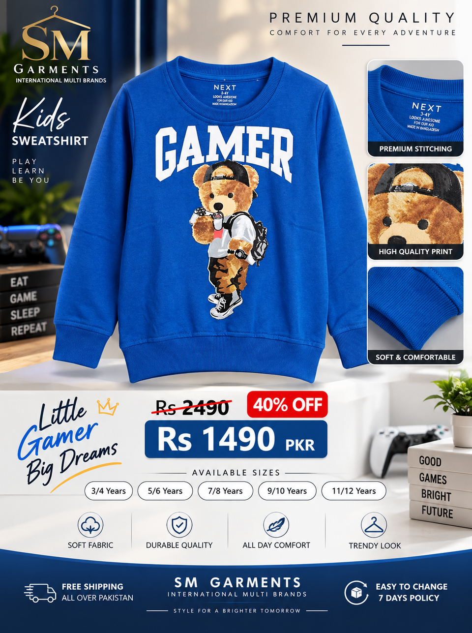 Boys' Royal Blue "GAMER" Bear Graphic Sweatshirt – Next
