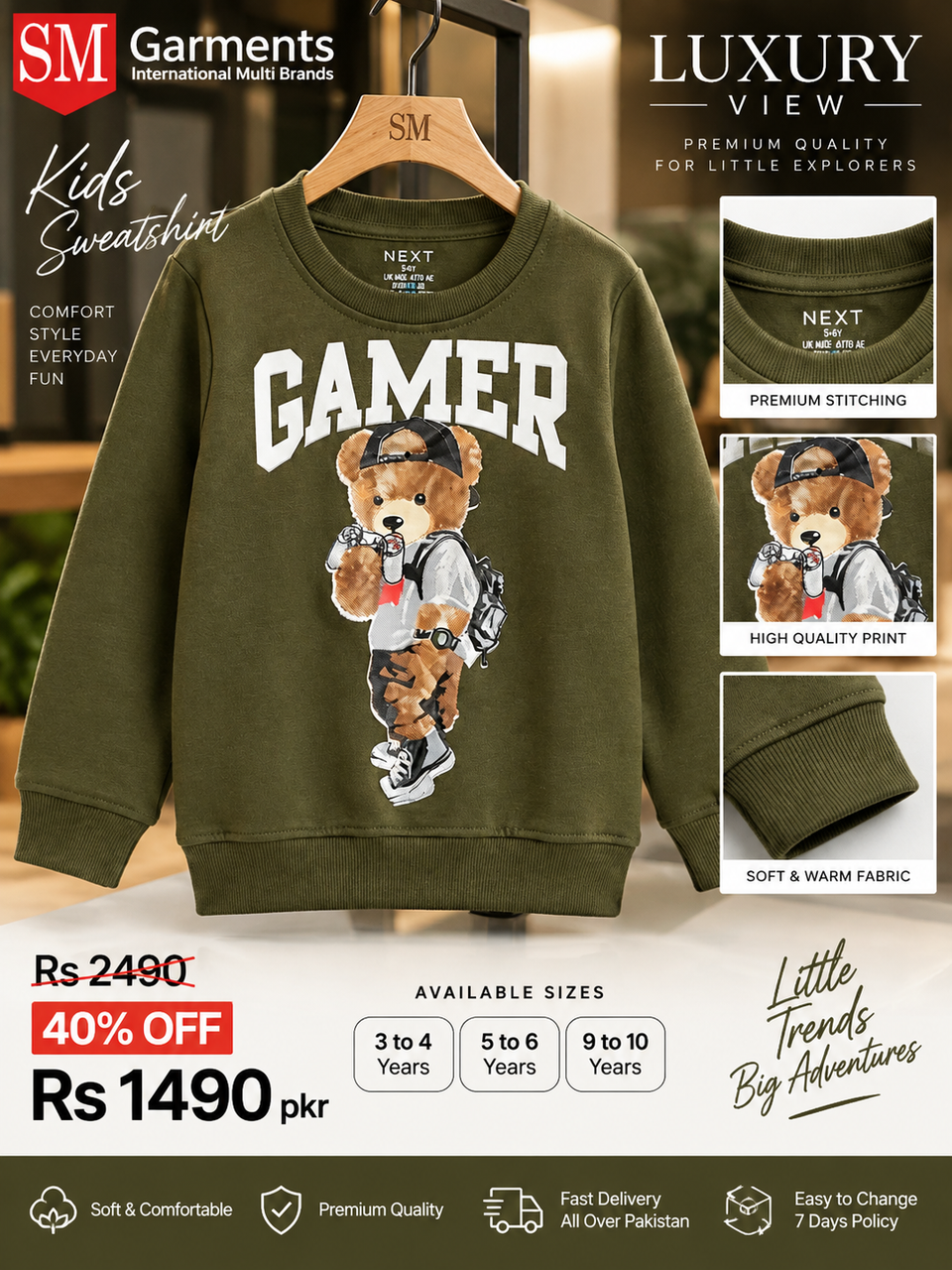 Boys' Olive Green "GAMER" Bear Graphic Sweatshirt – Next