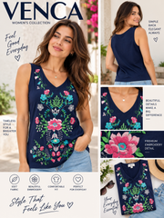 Venca – Women’s Navy Blue V-Neck Sleeveless Floral Embroidered Top / Camiseta sin mangas bordada.