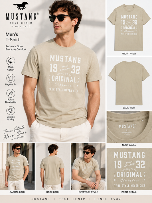 Men's Imported Quality Vintage Graphic Print Crewneck T-Shirt – Neutral Khaki Beige