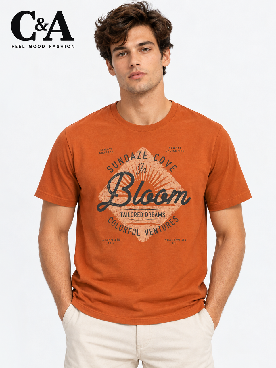 Men's Imported Quality Rust Orange Graphic T-Shirt – Vintage "In Bloom" Crewneck Tee
