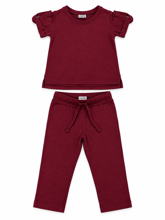 LC Waikiki Girl’s Maroon Two-Piece Top & Trouser Set