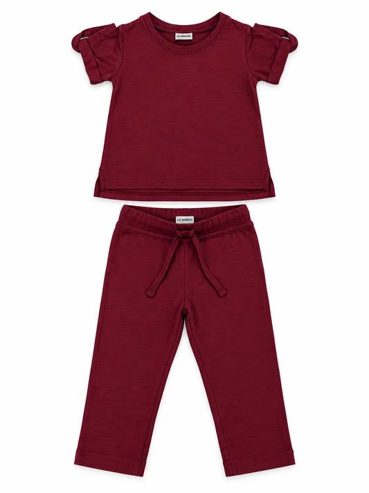 LC Waikiki Girl’s Maroon Two-Piece Top & Trouser Set