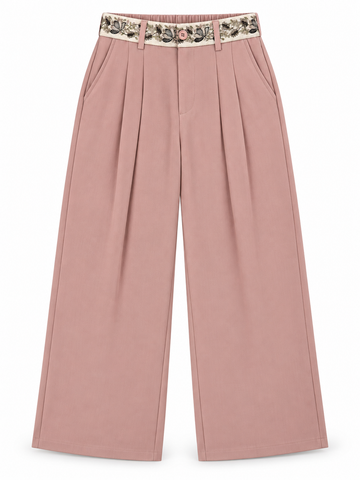 Women’s Imported Dusty Pink Wide Leg Trousers with Floral Embroidered Waistband
