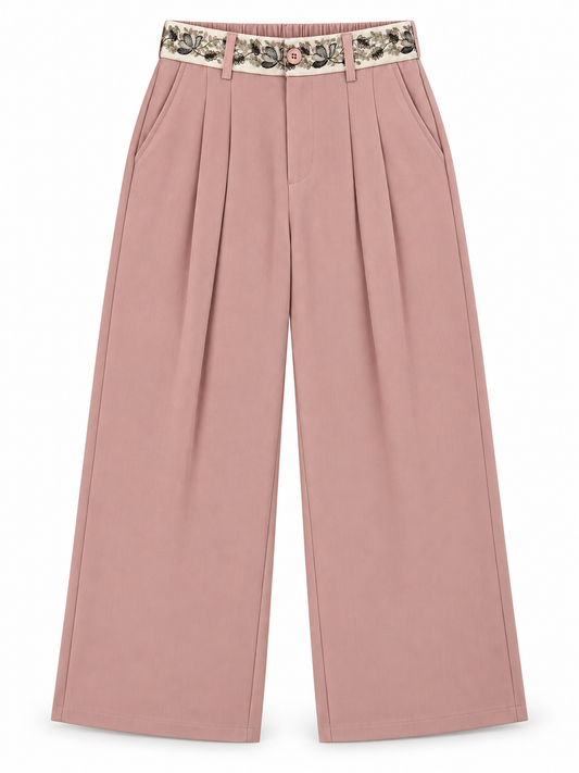Women’s Imported Dusty Pink Wide Leg Trousers with Floral Embroidered Waistband