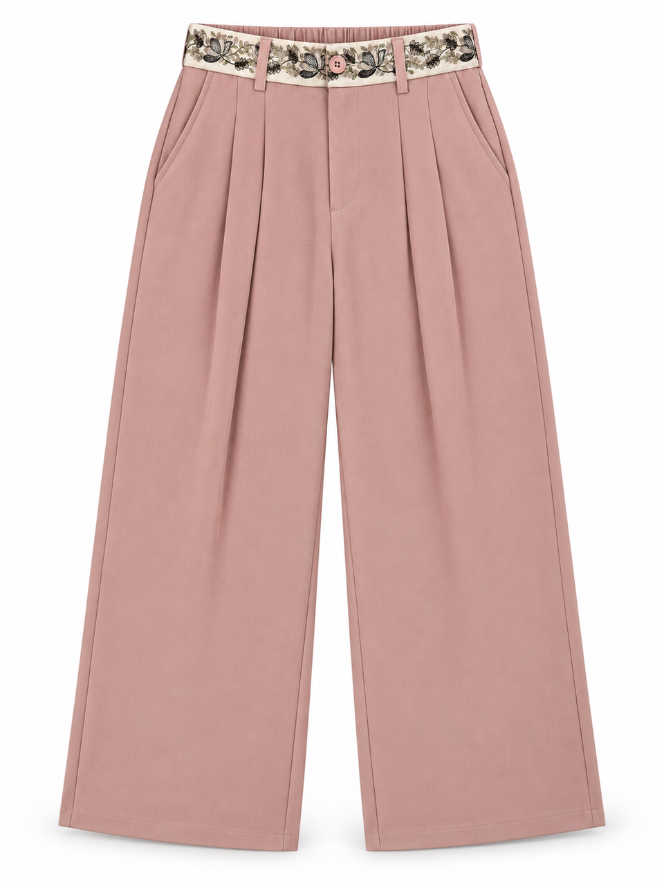 Women’s Imported Dusty Pink Wide Leg Trousers with Floral Embroidered Waistband
