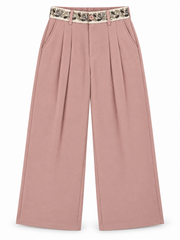 Women’s Imported Dusty Pink Wide Leg Trousers with Floral Embroidered Waistband