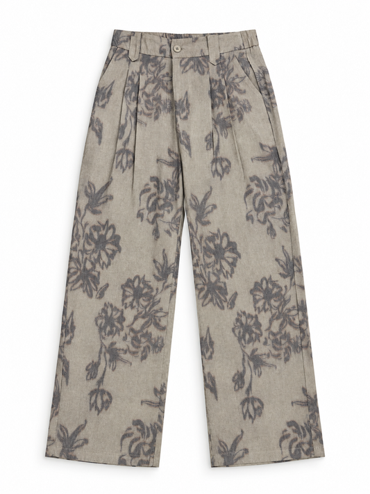 Women’s Imported Floral Wide Leg Trousers – Beige Grey | Premium Casual Pants