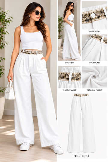Women’s Imported White Wide Leg Trousers with Floral Waist Detail