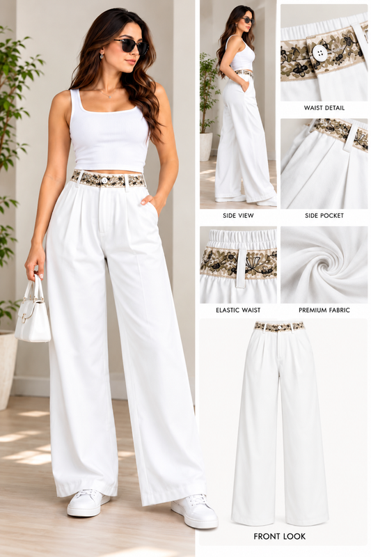 Women’s Imported White Wide Leg Trousers with Floral Waist Detail