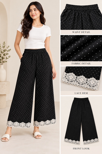 Women’s Black Polka Dot Wide Leg Trousers with Lace Hem