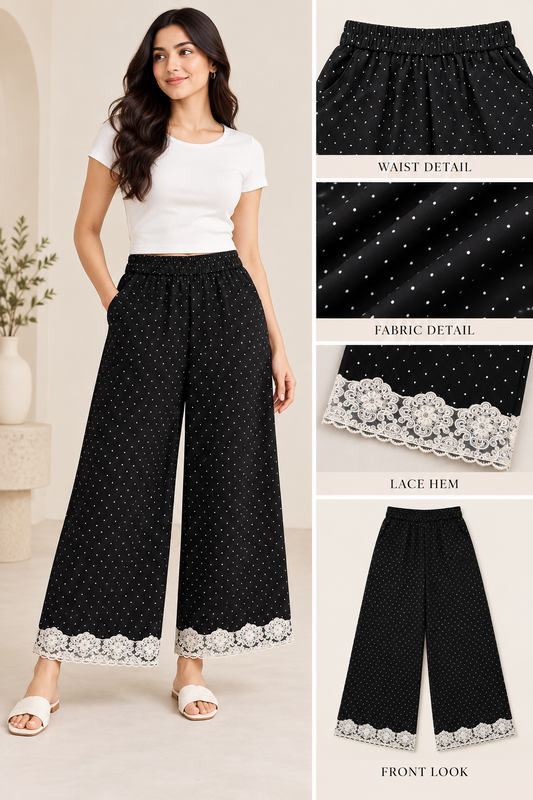 Women’s Black Polka Dot Wide Leg Trousers with Lace Hem