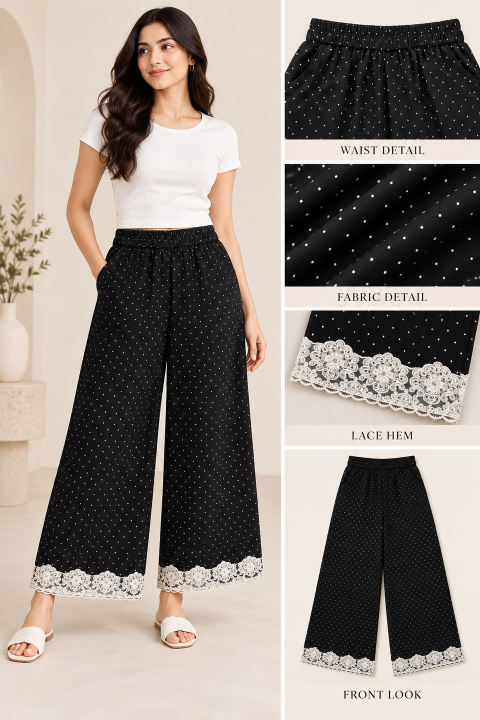 Women’s Black Polka Dot Wide Leg Trousers with Lace Hem