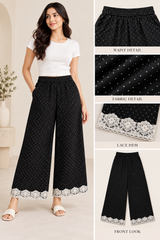 Women’s Black Polka Dot Wide Leg Trousers with Lace Hem