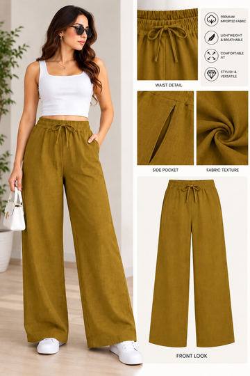 Women’s Imported Mustard Wide Leg Trousers with Elastic Waist & Drawstring