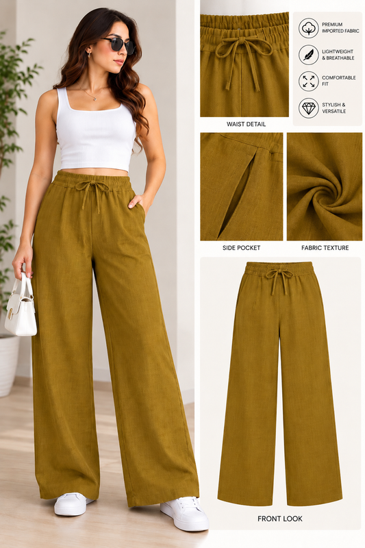 Women’s Imported Mustard Wide Leg Trousers with Elastic Waist & Drawstring