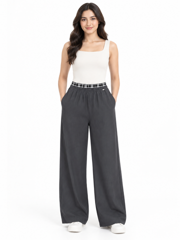 Women’s Imported Charcoal Grey Wide Leg Trousers | Elastic Waist Casual Pants