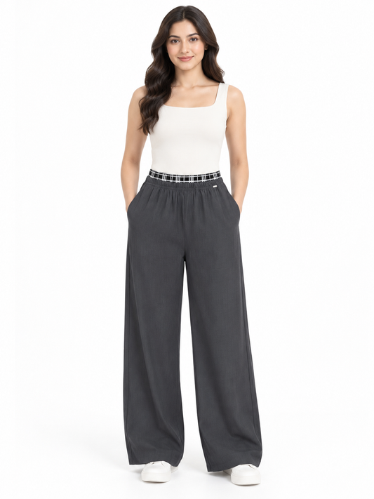 Women’s Imported Charcoal Grey Wide Leg Trousers | Elastic Waist Casual Pants