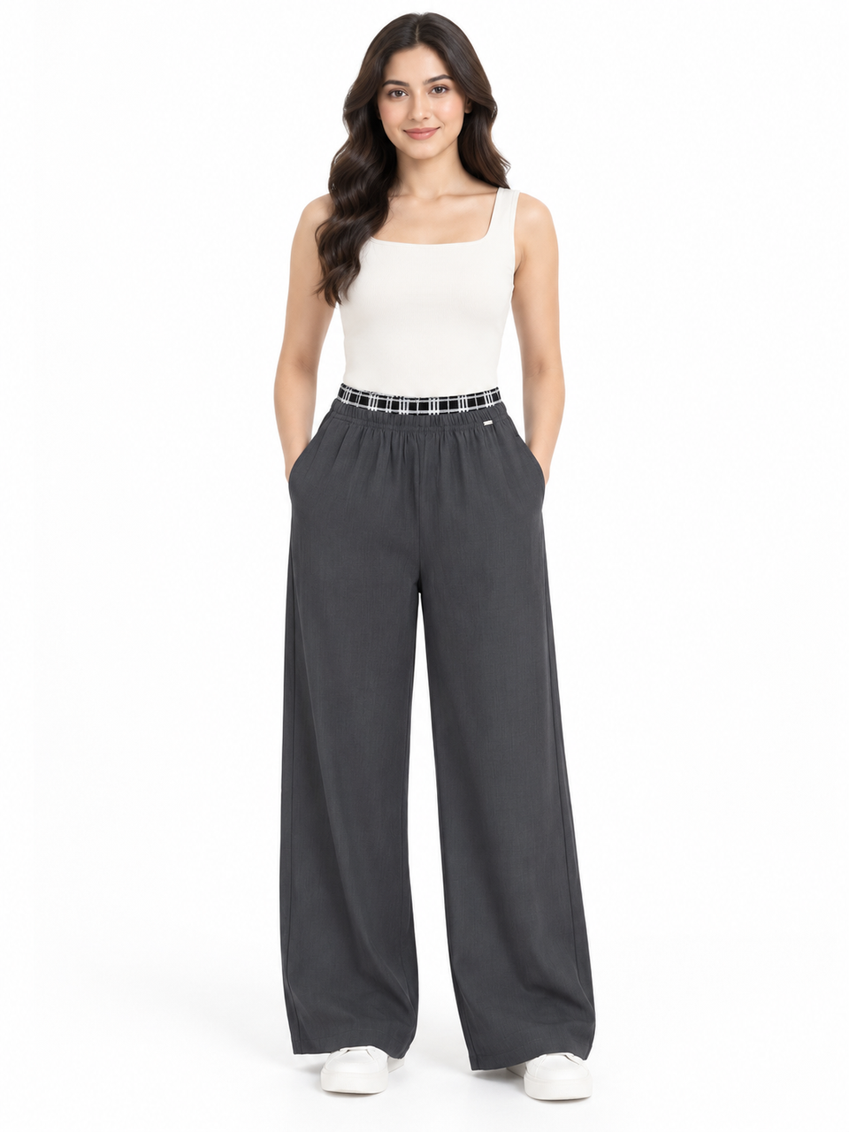Women’s Imported Charcoal Grey Wide Leg Trousers | Elastic Waist Casual Pants